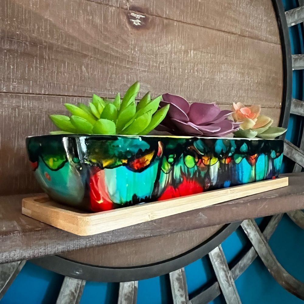 Hand-Painted Ceramic Succulent Planter with Bamboo Tray